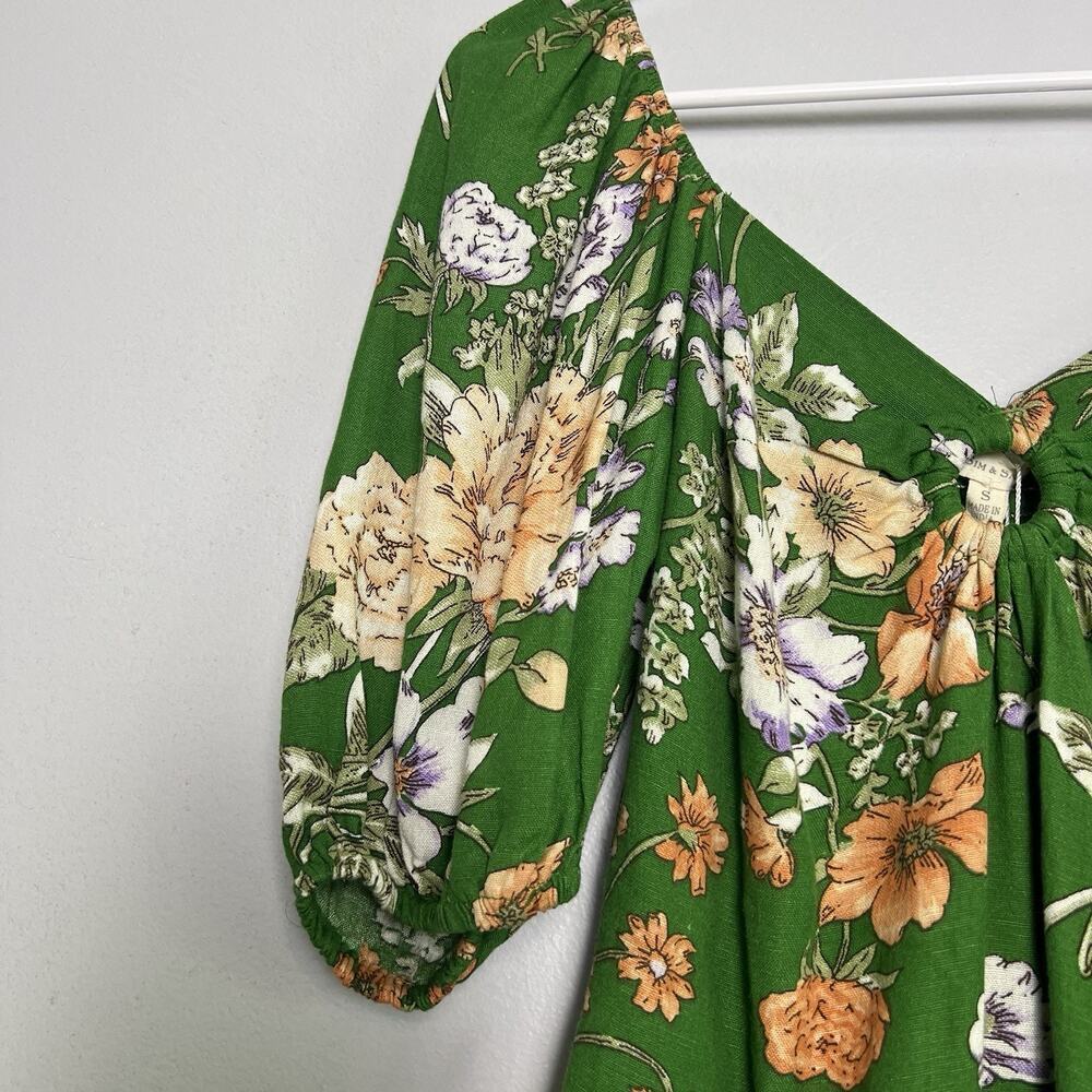 NWT Sim & Sam Dress Linen Blend Floral Sz S Ruffled Babydoll Vacation Green Boho - Picture 4 of 15